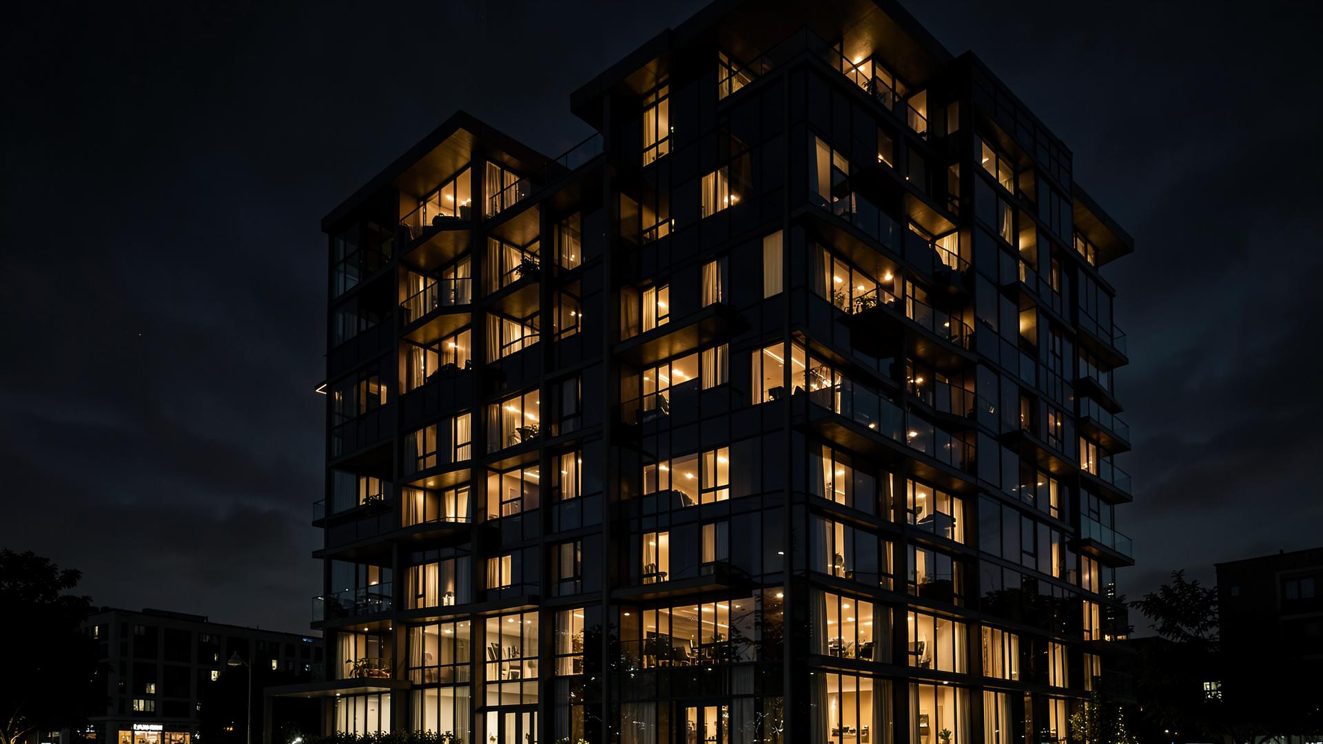 Modern apartment building lit gold at night